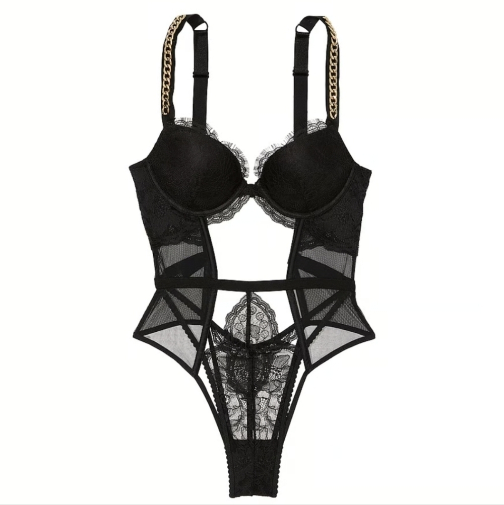 Victoria's Secret black gold chain strap lace push up teddy bodysuit - Picture 5 of 13